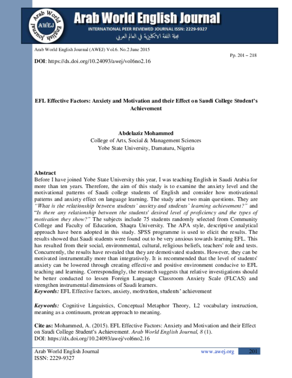 (PDF) EFL Effective Factors: Anxiety and Motivation and Their Effect on ...