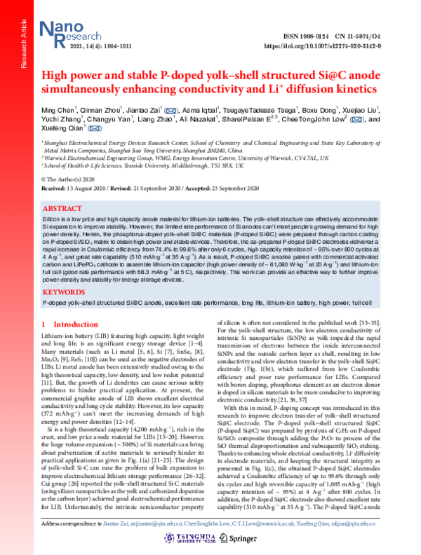 (PDF) High power and stable P-doped yolk-shell structured Si@C anode ...