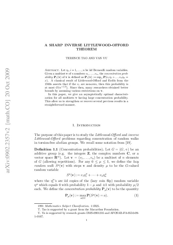 (PDF) A sharp inverse Littlewood-Offord theorem