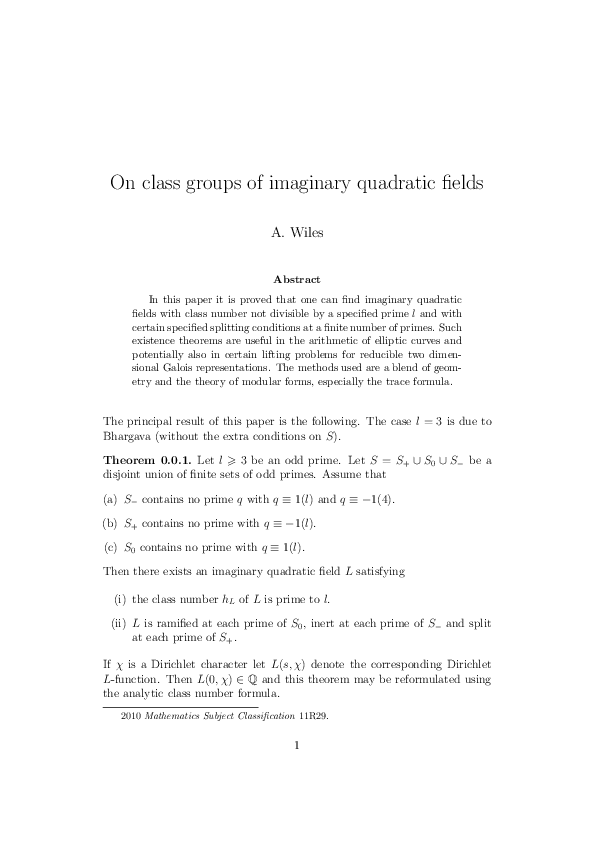 (PDF) On class groups of imaginary quadratic fields