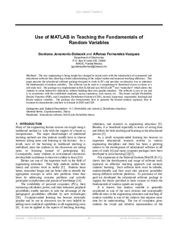 (PDF) Use of MATLAB in teaching the fundamentals of random variables
