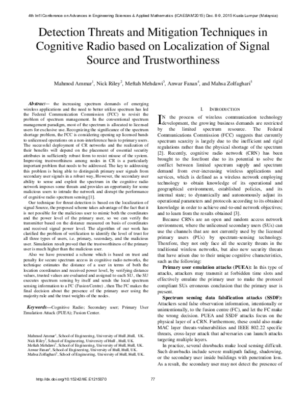 (PDF) Detection Threats and Mitigation Techniques in Cognitive Radio ...
