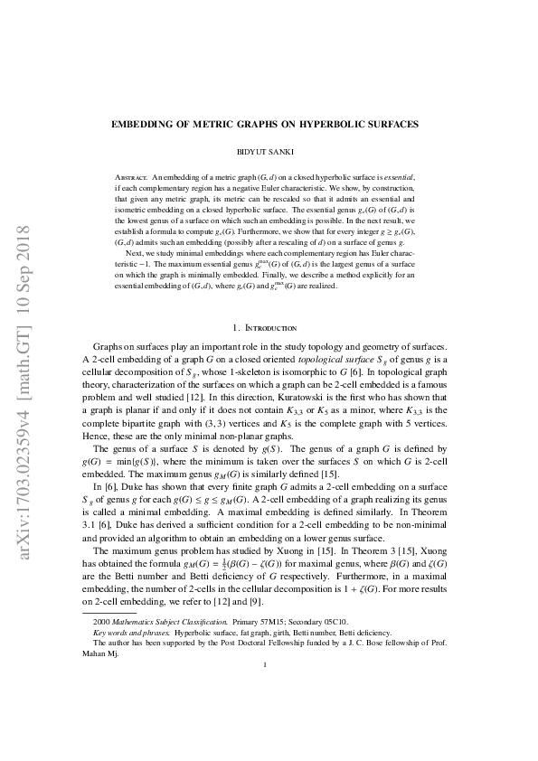 (PDF) Embedding of Metric Graphs on Hyperbolic Surfaces