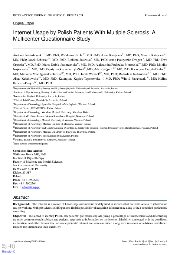 (PDF) Internet Usage by Polish Patients With Multiple Sclerosis: A ...