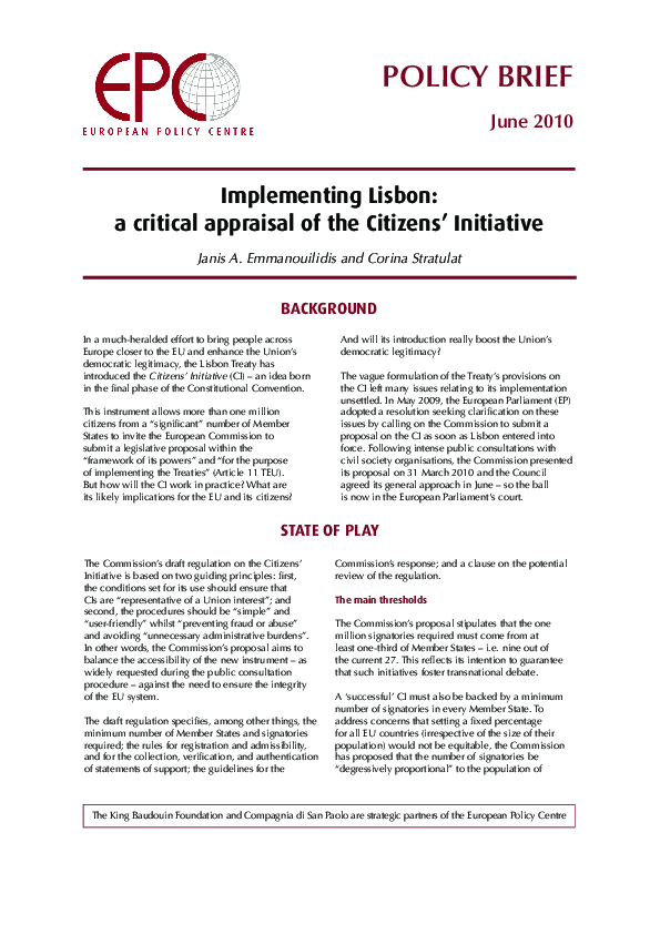 (PDF) Implementing Lisbon a critical appraisal of the Citizens ’ Initiative corina stratulat