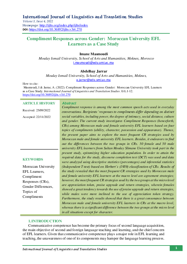 (PDF) Compliment Responses across Gender: Moroccan EFL Learners as a ...