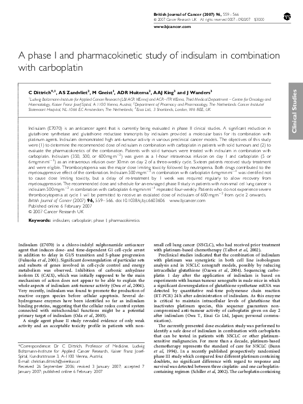 (PDF) A phase I and pharmacokinetic study of indisulam in combination ...