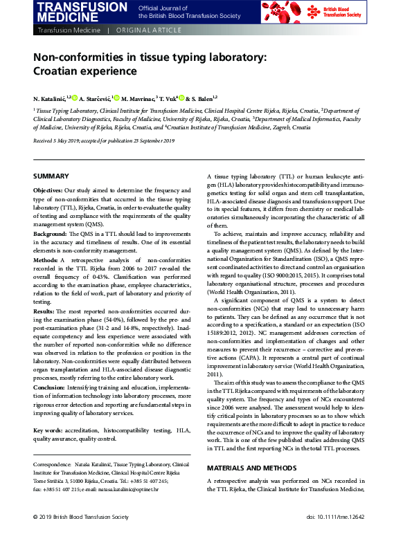(PDF) Non‐conformities in tissue typing laboratory: Croatian experience