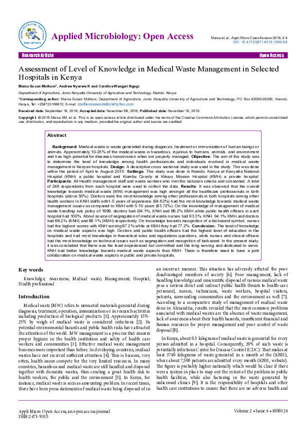 (PDF) Assessment of Level of Knowledge in Medical Waste Management in
