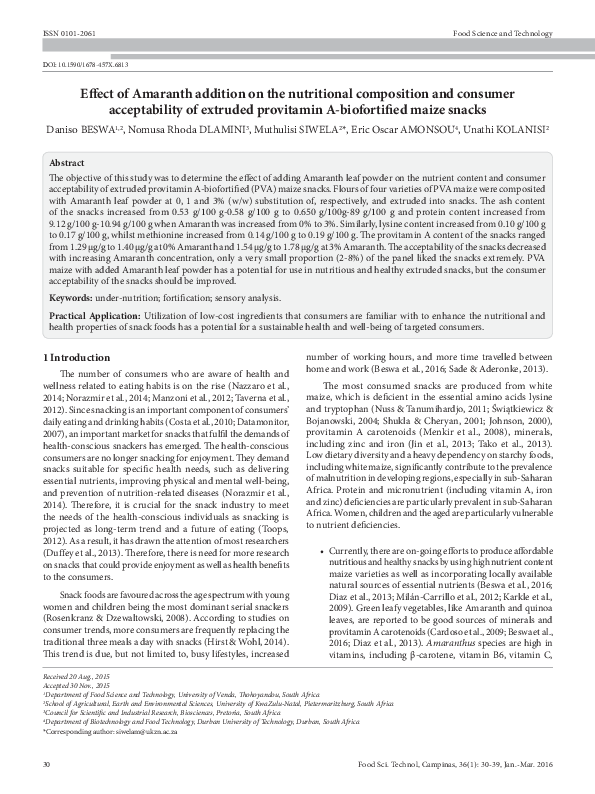 (PDF) Effect of Amaranth addition on the nutritional composition and ...