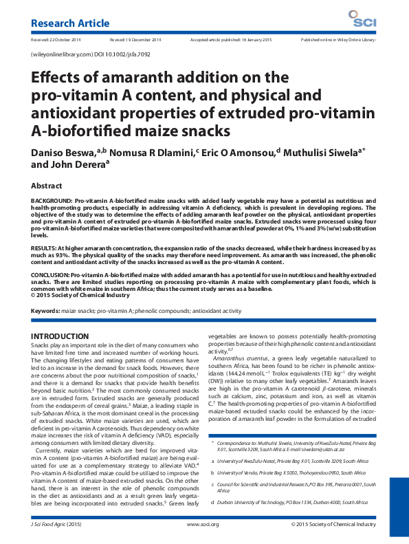 (PDF) Effects of amaranth addition on the pro‐vitamin A content, and ...