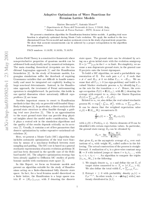 (PDF) Adaptive optimization of wave functions for fermion lattice models