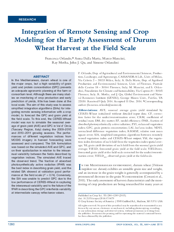 (PDF) Integration of Remote Sensing and Crop Modeling for the Early ...