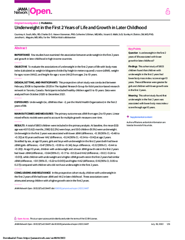(PDF) Underweight in the First 2 Years of Life and Growth in Later ...