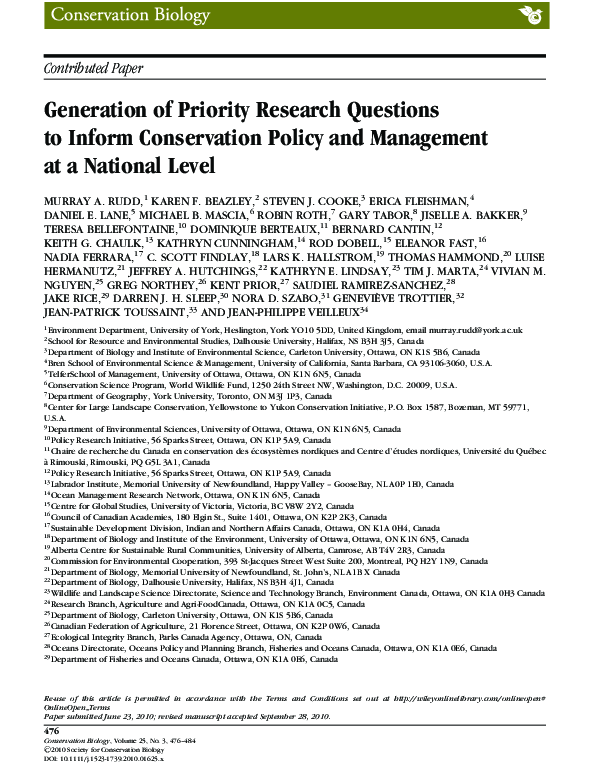 (PDF) Generation of Priority Research Questions to Inform Conservation ...