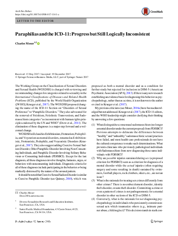 (PDF) Paraphilias and the ICD-11: Progress but Still Logically Inconsistent