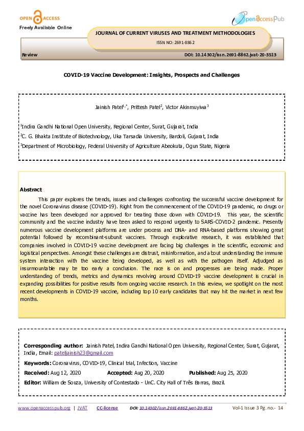 (PDF) COVID-19 Vaccine Development: Insights, Prospects and Challenges