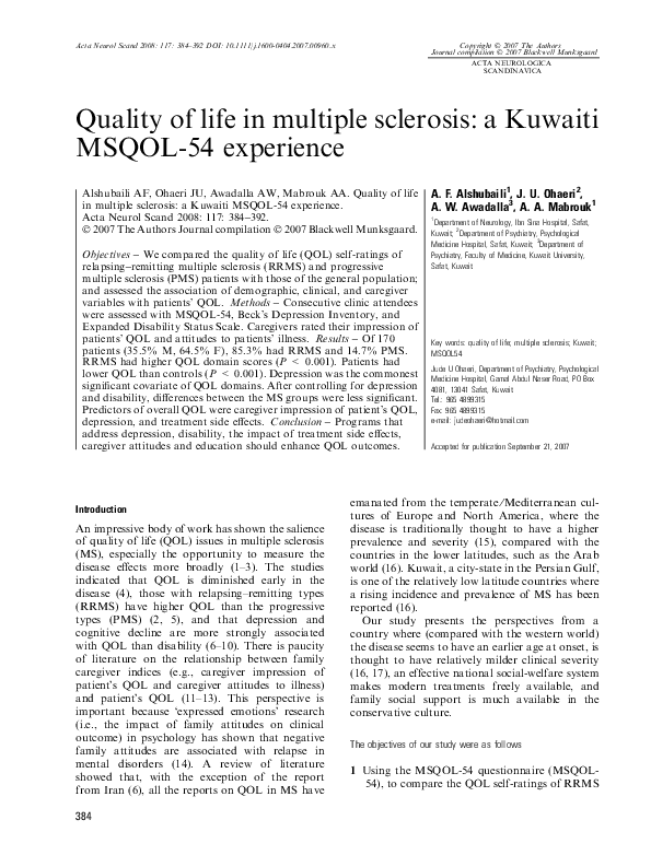 (PDF) Quality of life in multiple sclerosis: a Kuwaiti MSQOL-54 experience