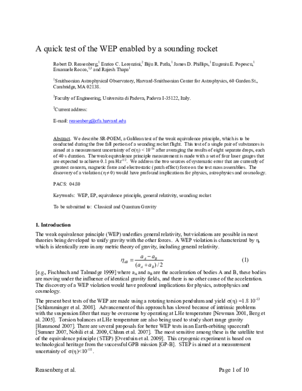 (PDF) A quick test of the WEP enabled by a sounding rocket | Enrico ...