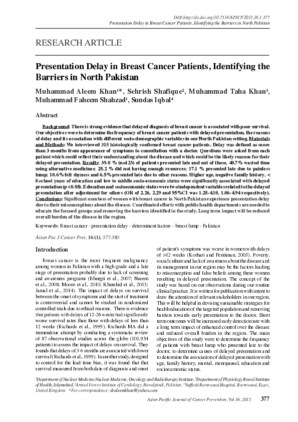 (PDF) Presentation Delay in Breast Cancer Patients, Identifying the ...