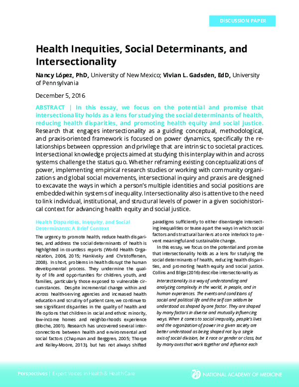 (PDF) Health Inequities, Social Determinants, and Intersectionality