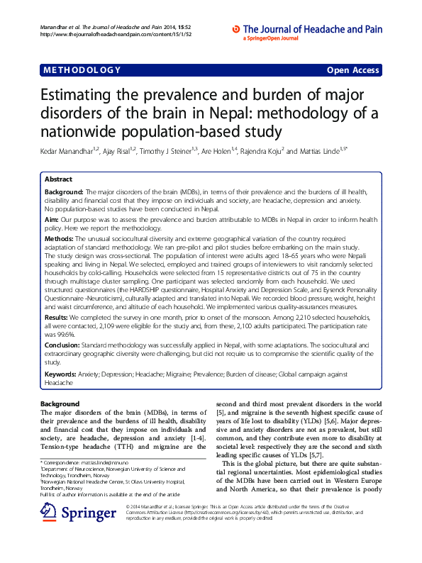 (PDF) Estimating the prevalence and burden of major disorders of the ...