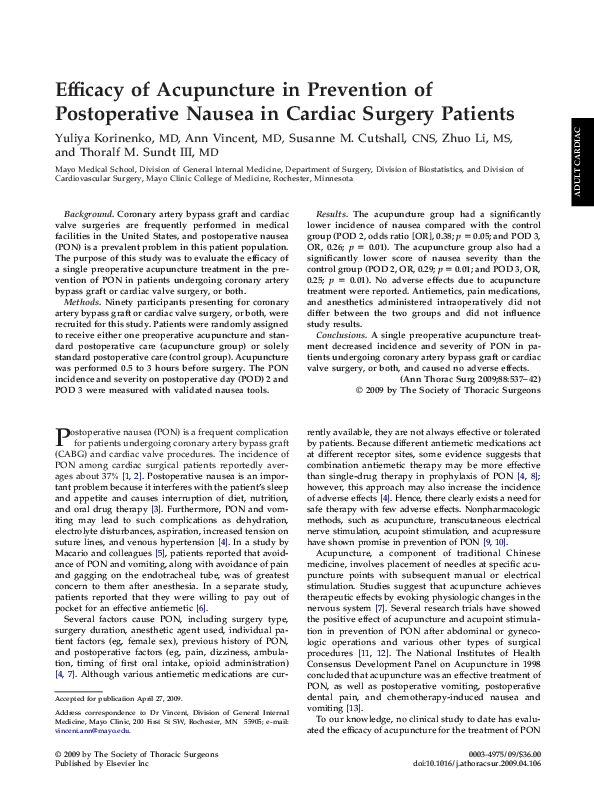 (PDF) Efficacy of Acupuncture in Prevention of Postoperative Nausea in ...
