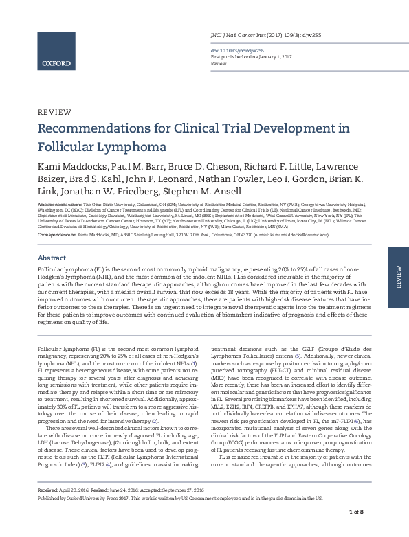 Recommendations for Clinical Trial Development in Follicular Lymphoma