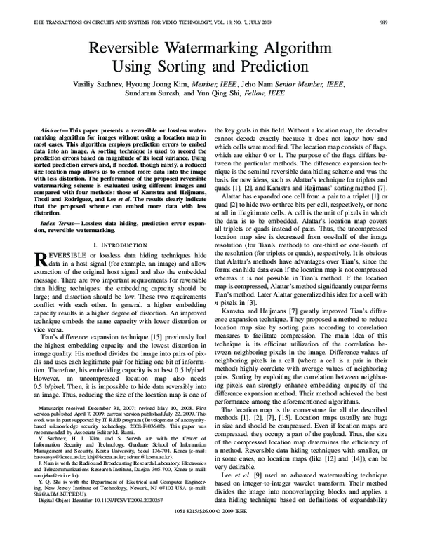 (PDF) Reversible Watermarking Algorithm Using Sorting and Prediction