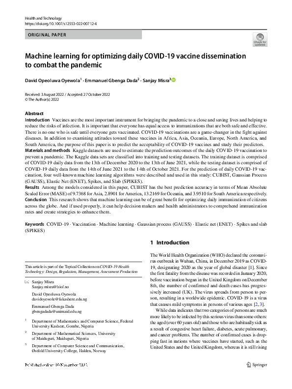 (PDF) Machine learning for optimizing daily COVID-19 vaccine ...