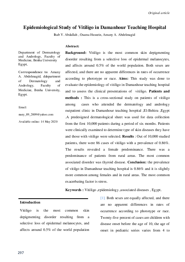 (PDF) Epidemiological Study of Vitiligo in Damanhour Teaching Hospital