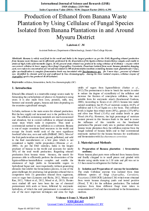 (PDF) Production of Ethanol from Banana Waste Plantation by Using ...