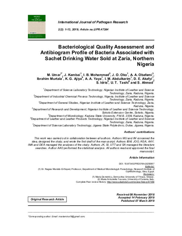 Pdf Bacteriological Quality Assessment And Antibiogram Profile Of