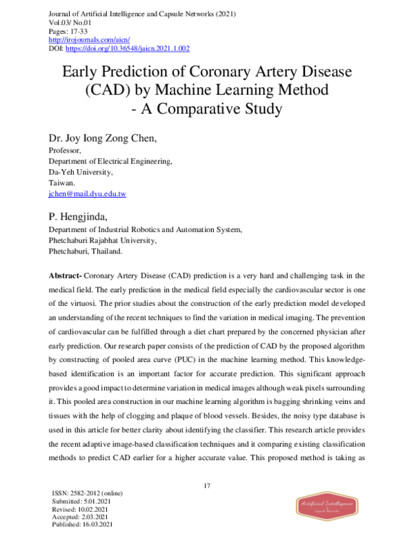 (PDF) Early Prediction of Coronary Artery Disease (CAD) by Machine ...