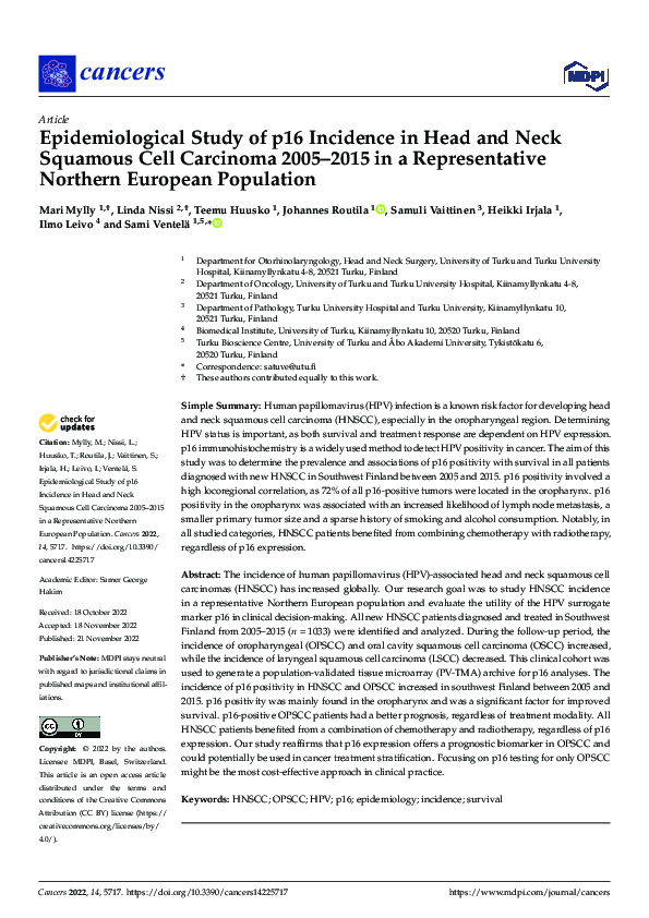 (PDF) Epidemiological Study of p16 Incidence in Head and Neck Squamous ...
