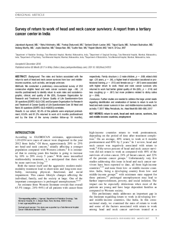 (PDF) Survey of return to work of head and neck cancer survivors: A ...