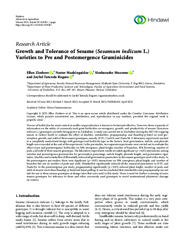 (PDF) Growth and Tolerance of Sesame (Sesamum indicum L.) Varieties to ...