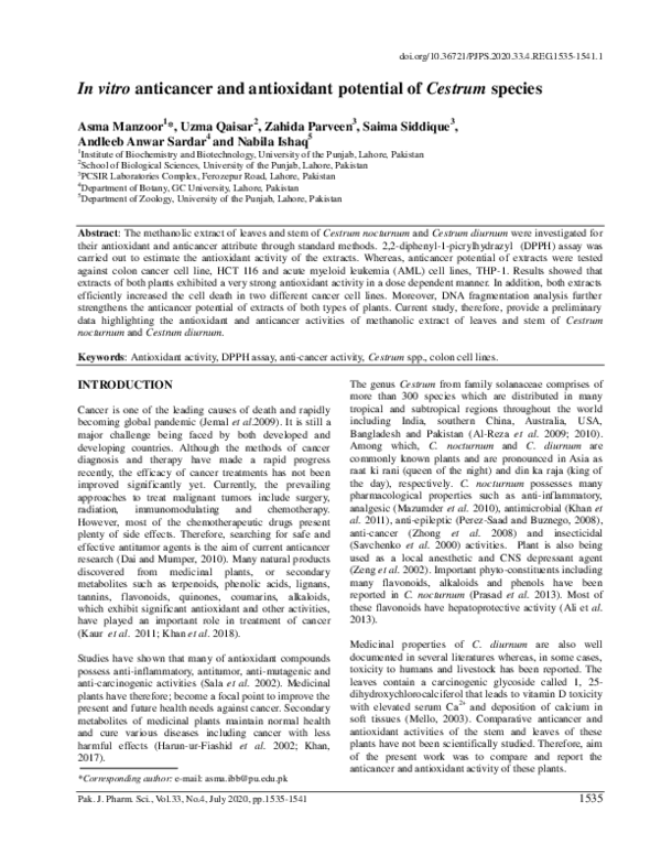 (PDF) In vitro anticancer and antioxidant potential of Cestrum species