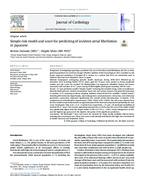 (PDF) Simple risk model and score for predicting of incident atrial ...