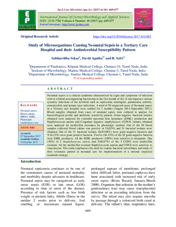 (PDF) Study of Microorganisms Causing Neonatal Sepsis in a Tertiary ...