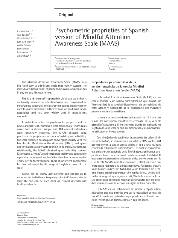 (PDF) Psychometric proprieties of Spanish version of Mindful Attention ...