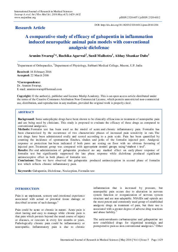 (PDF) A comparative study of efficacy of gabapentin in inflammation ...