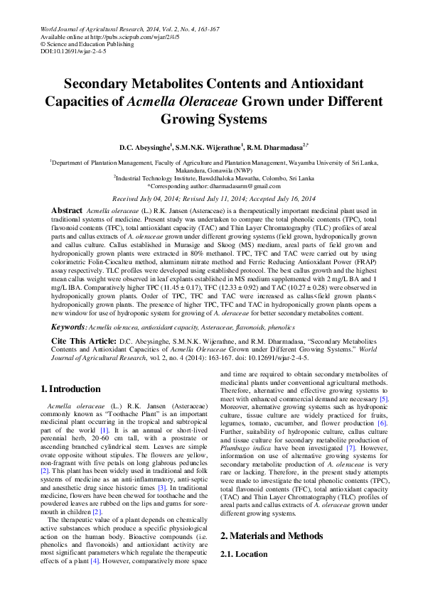 (PDF) Secondary Metabolites Contents and Antioxidant Capacities of ...