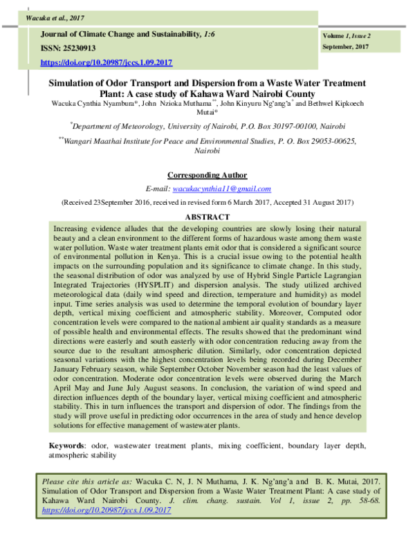 (PDF) Simulation of Odor Transport and Dispersion from a Waste Water ...