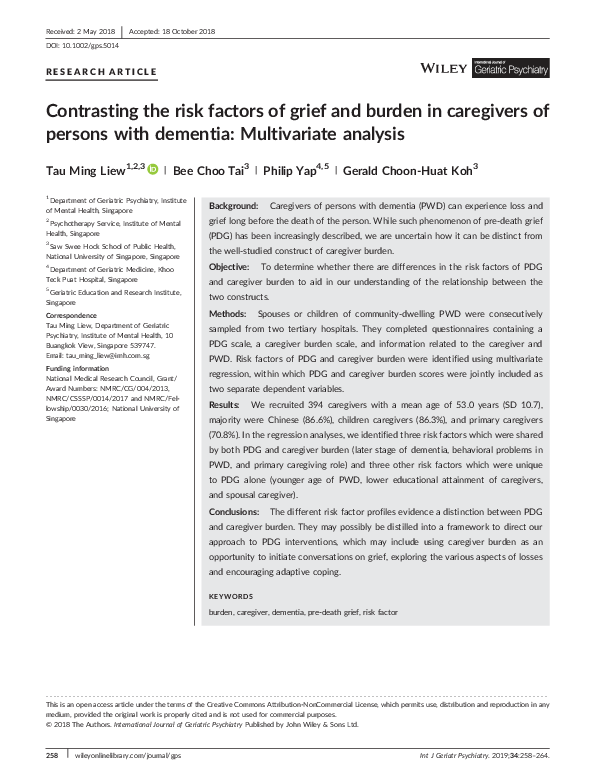 (PDF) Contrasting the risk factors of grief and burden in caregivers of ...