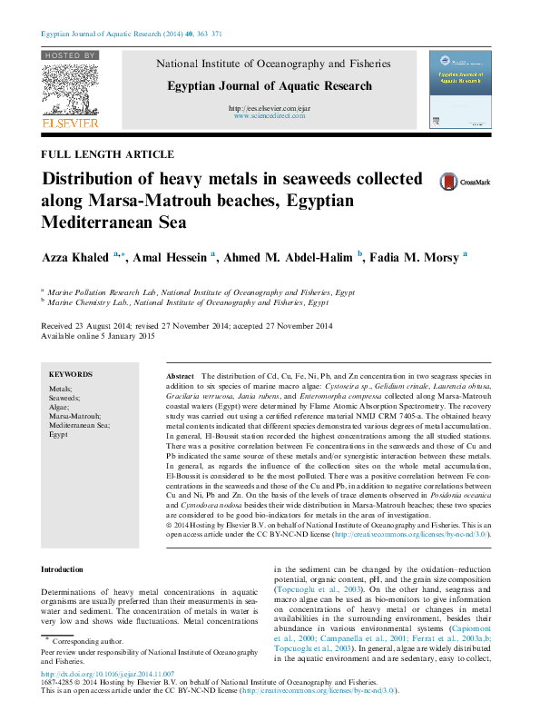 (PDF) Distribution of heavy metals in seaweeds collected along Marsa ...
