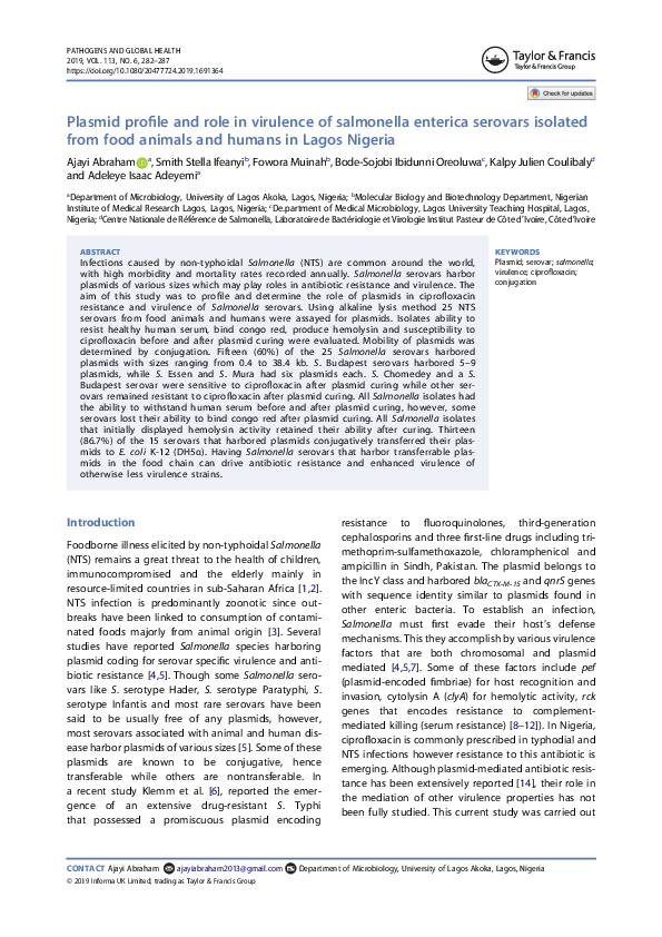 (PDF) Plasmid profile and role in virulence of salmonella enterica ...