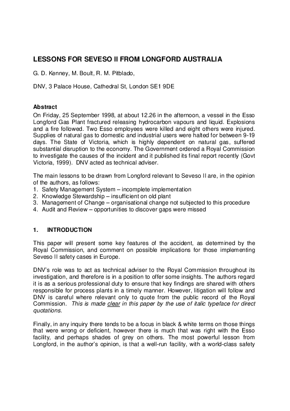 (PDF) Lessons for Seveso II from Longford Australia