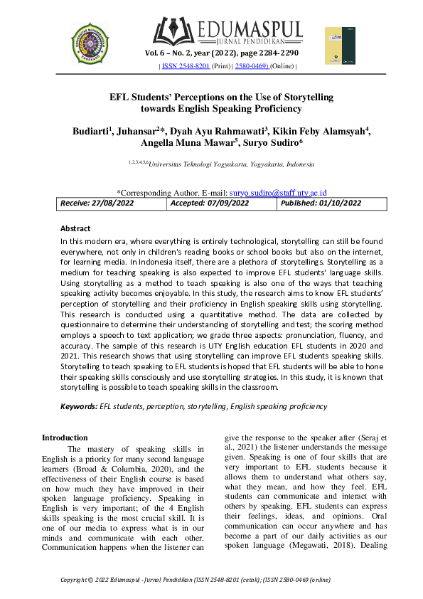 (PDF) EFL Students’ Perceptions on the Use of Storytelling towards ...