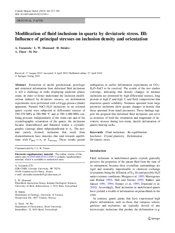 (PDF) Modification of fluid inclusions in quartz by deviatoric stress ...